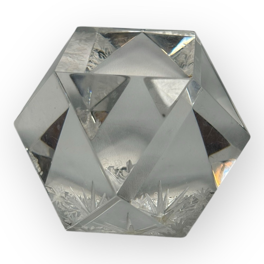 Signed Dekels Las 1983 14-Sided Lucite Reverse Starburst Carved Paperweight VTG